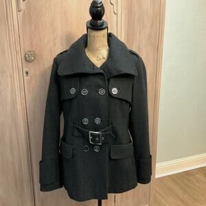 Hydraulic Gray Wool Double Breasted Wool military silver buckle Pea Coat Y2K L
